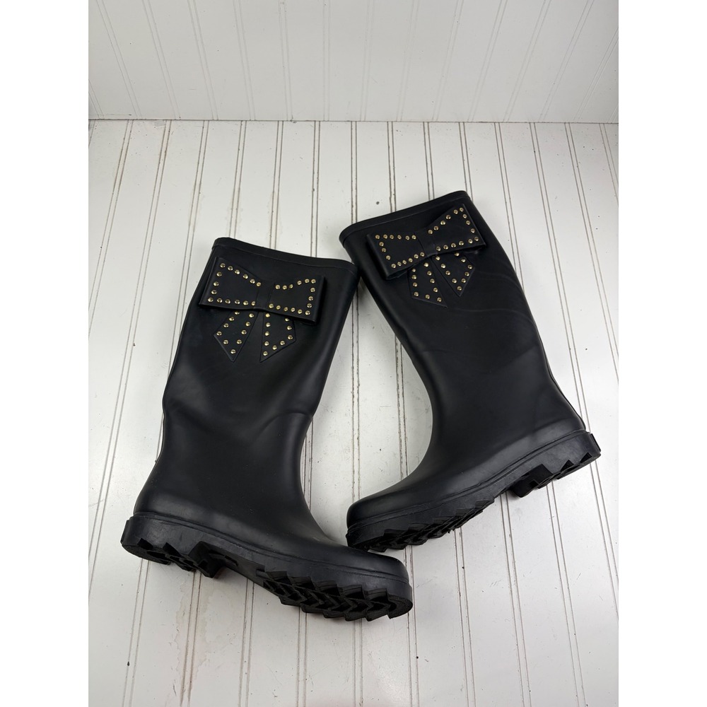 Betsey Johnson Stormm Black Studded Bow Waterproof Rain Boots Women's Size 9M - Picture 2 of 11